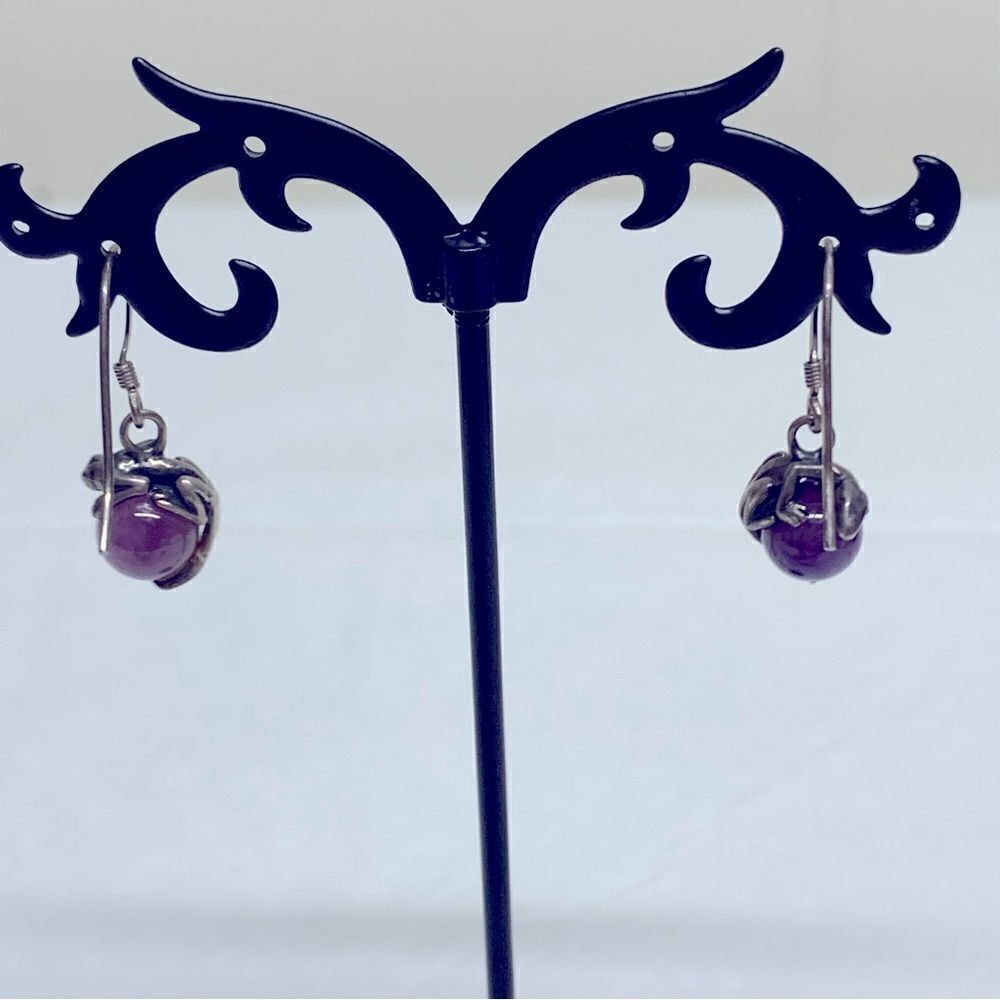 Sterling Silver & Amethyst Gecko Drop Dangle Earrings 1.25” Vintage Gorgeous